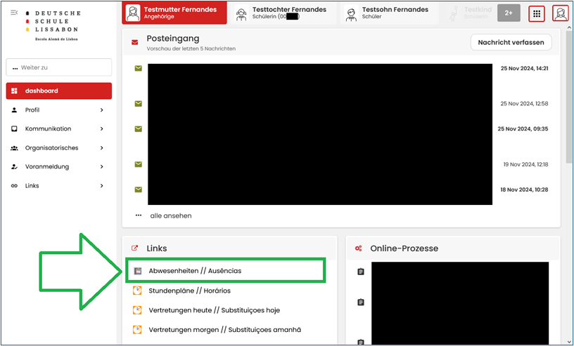 Abwesenheitsmeldungen werden über die Links im Profil der Eltern getätigt.